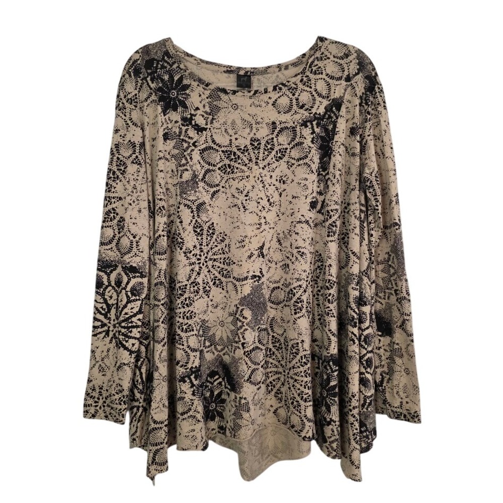 Peruvian Connection Women's M/L Tunic Top Tan Black Lace Print Pima Cotton Modal